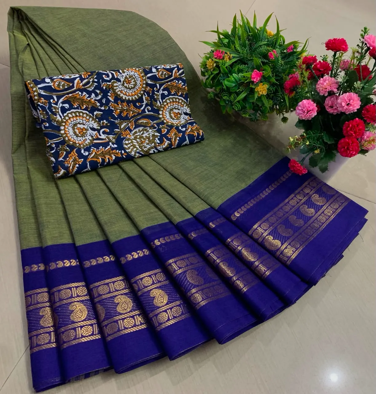Olive Green Chettinadu Pure Cotton Saree with Kalamkari Blouse